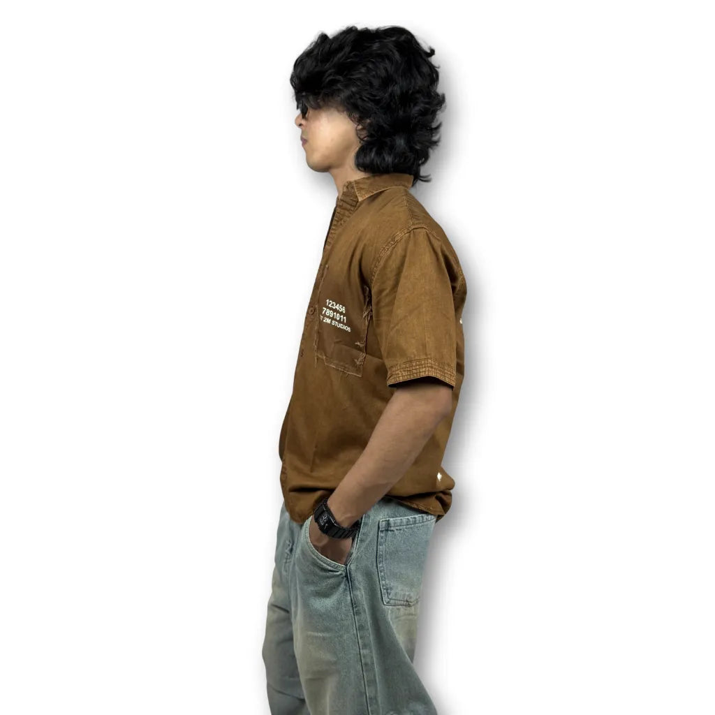 Oversized Washed Graphic Shirt – Rust Brown (Distressed Pocket & Printed Text)