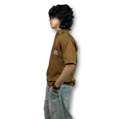 Oversized Washed Graphic Shirt – Rust Brown (Distressed Pocket & Printed Text)