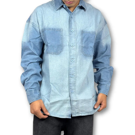 Oversized Washed Two-Pocket Denim Shirt – Faded Blue