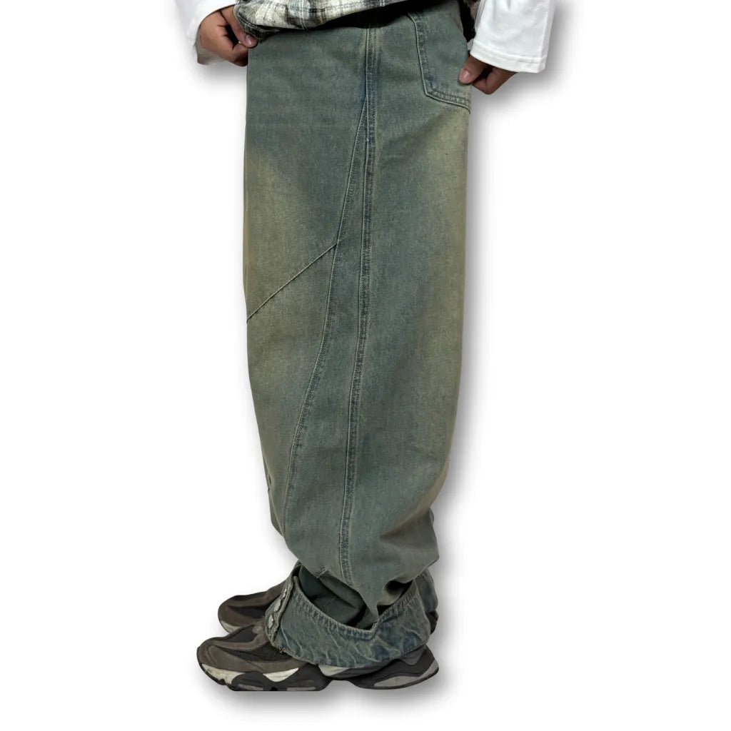 Oversized Buttoned Hem Distressed Denim Pants – Washed Green