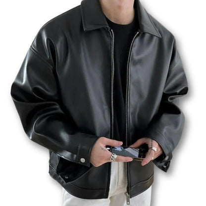 Oversized Classic Black Faux Leather Jacket – Zip Up
