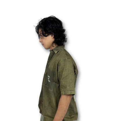 Oversized Washed Graphic Shirt – Olive Green