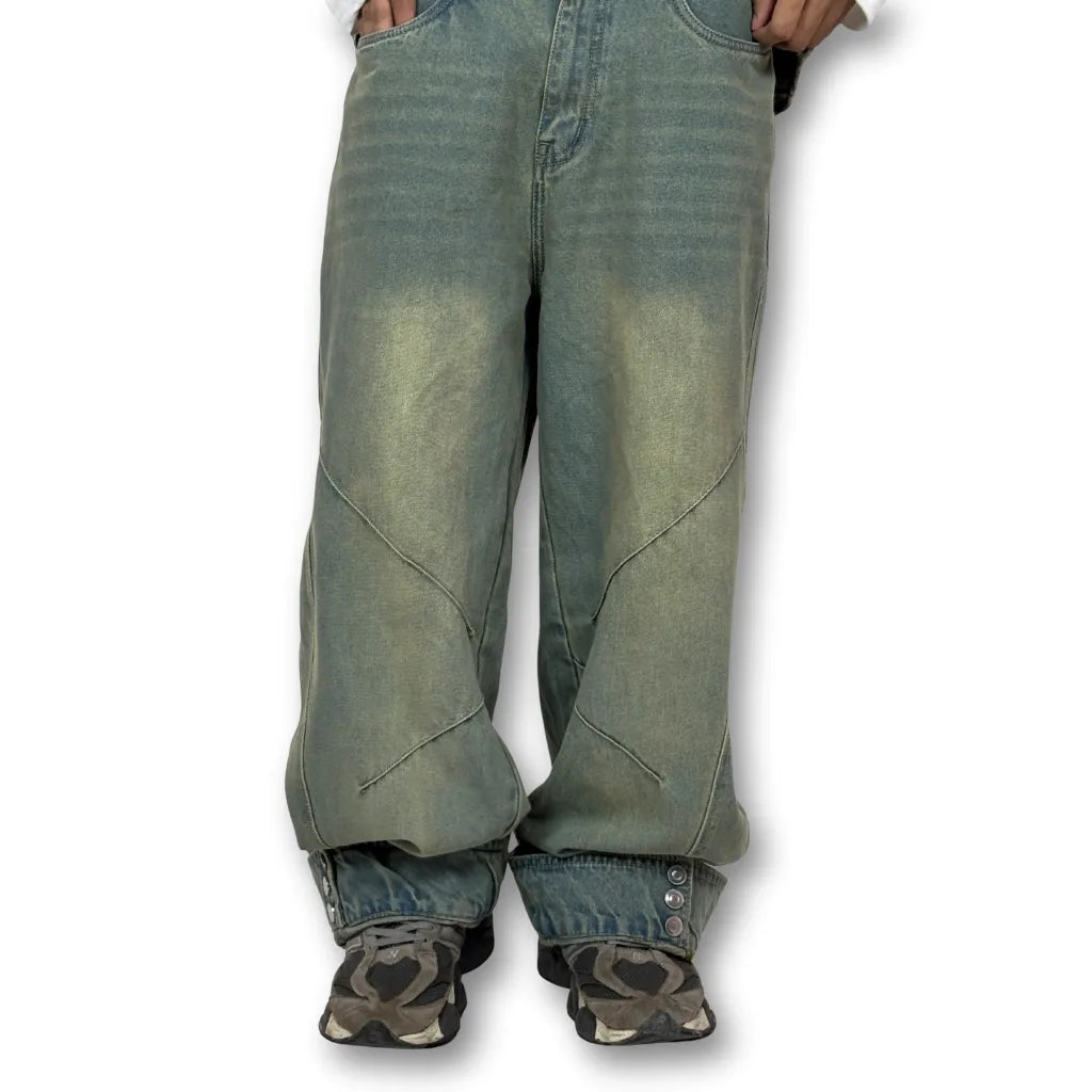 Oversized Buttoned Hem Distressed Denim Pants – Washed Green