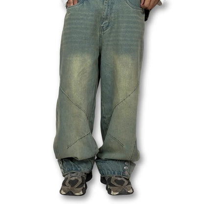 Oversized Buttoned Hem Distressed Denim Pants – Washed Green