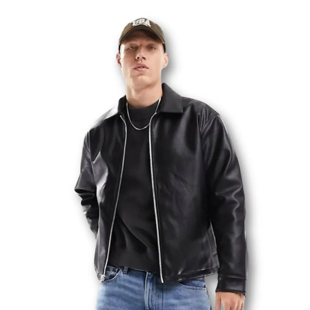 Oversized Classic Black Faux Leather Jacket – Zip Up
