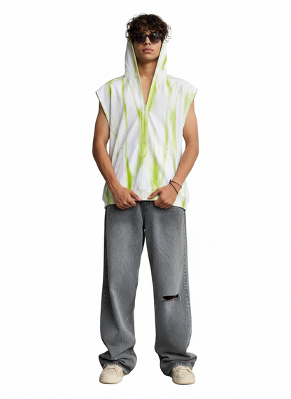 Sleeveless Hoodie – White with Green Tie-Dye Effect