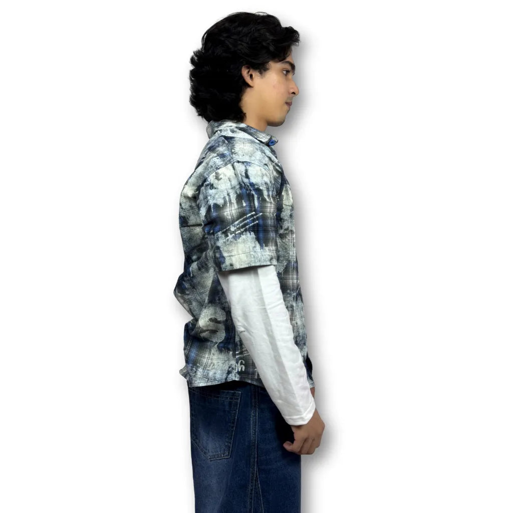 Oversized Doctor sleeve Washed Plaid Shirt  – Blue