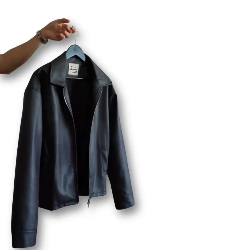 Oversized Classic Black Faux Leather Jacket – Zip Up