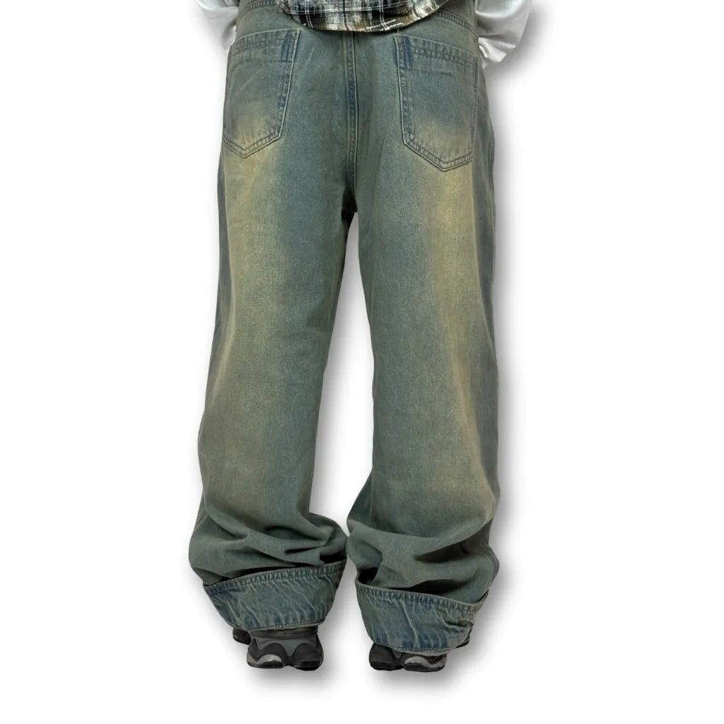 Oversized Buttoned Hem Distressed Denim Pants – Washed Green