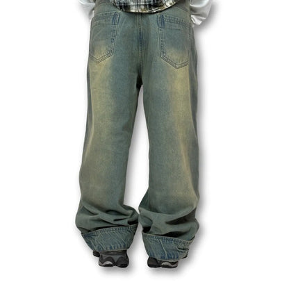 Oversized Buttoned Hem Distressed Denim Pants – Washed Green