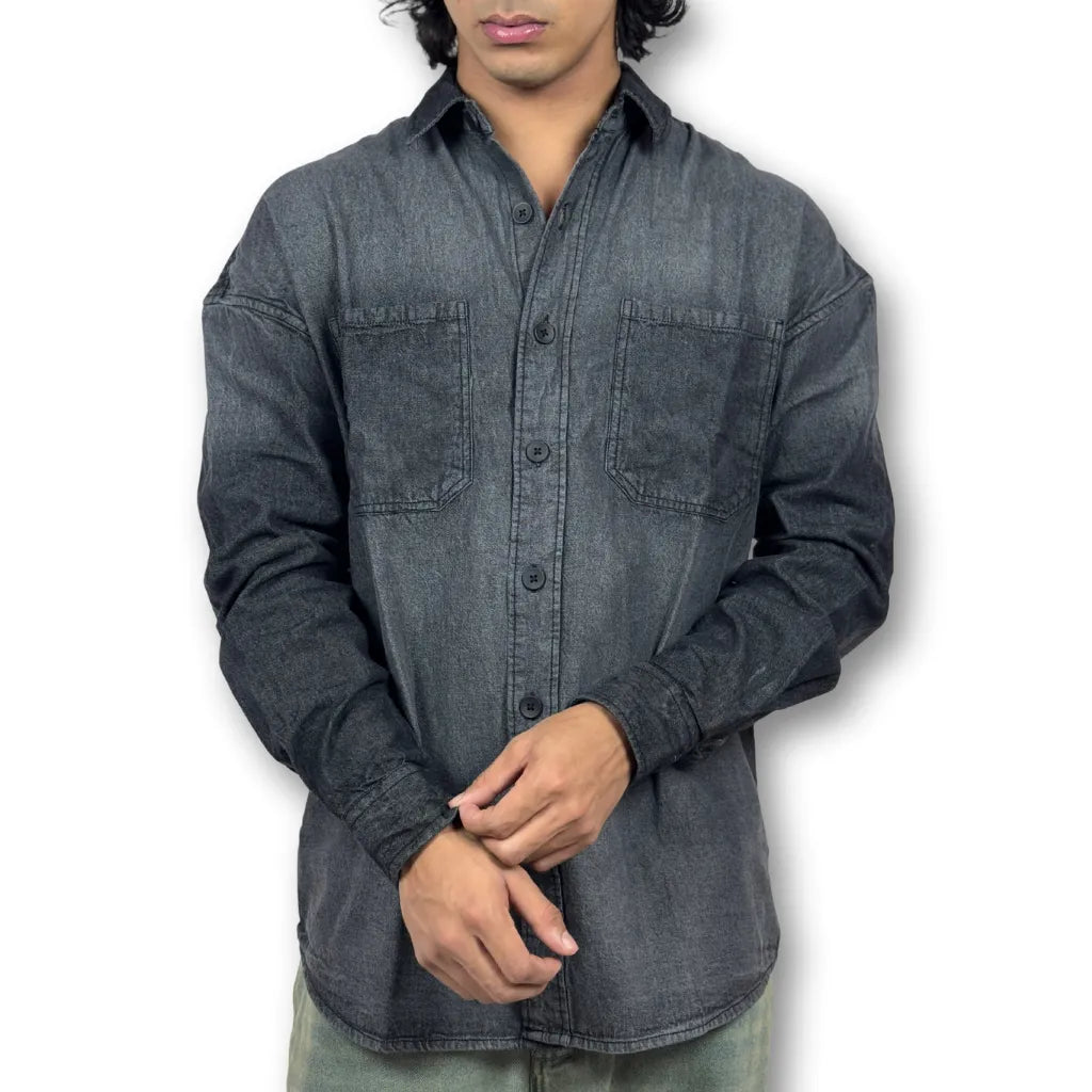 Oversized Washed Denim Shirt – Black