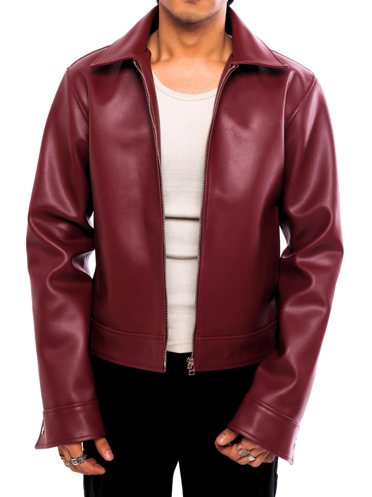 Oversized Classic Faux Leather Jacket – Cherry Red