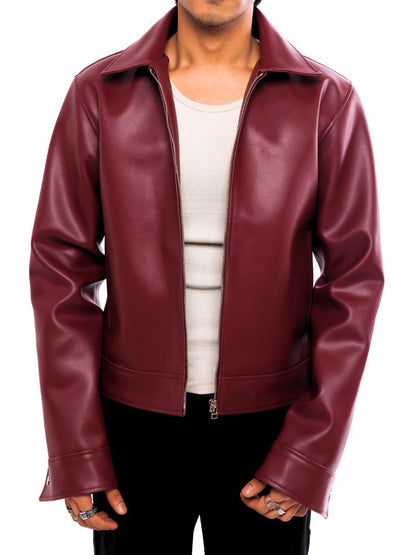 Oversized Classic Faux Leather Jacket – Cherry Red