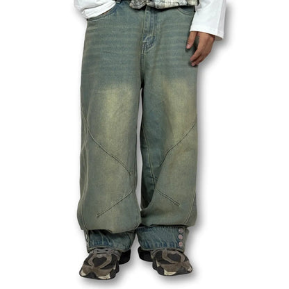 Oversized Buttoned Hem Distressed Denim Pants – Washed Green