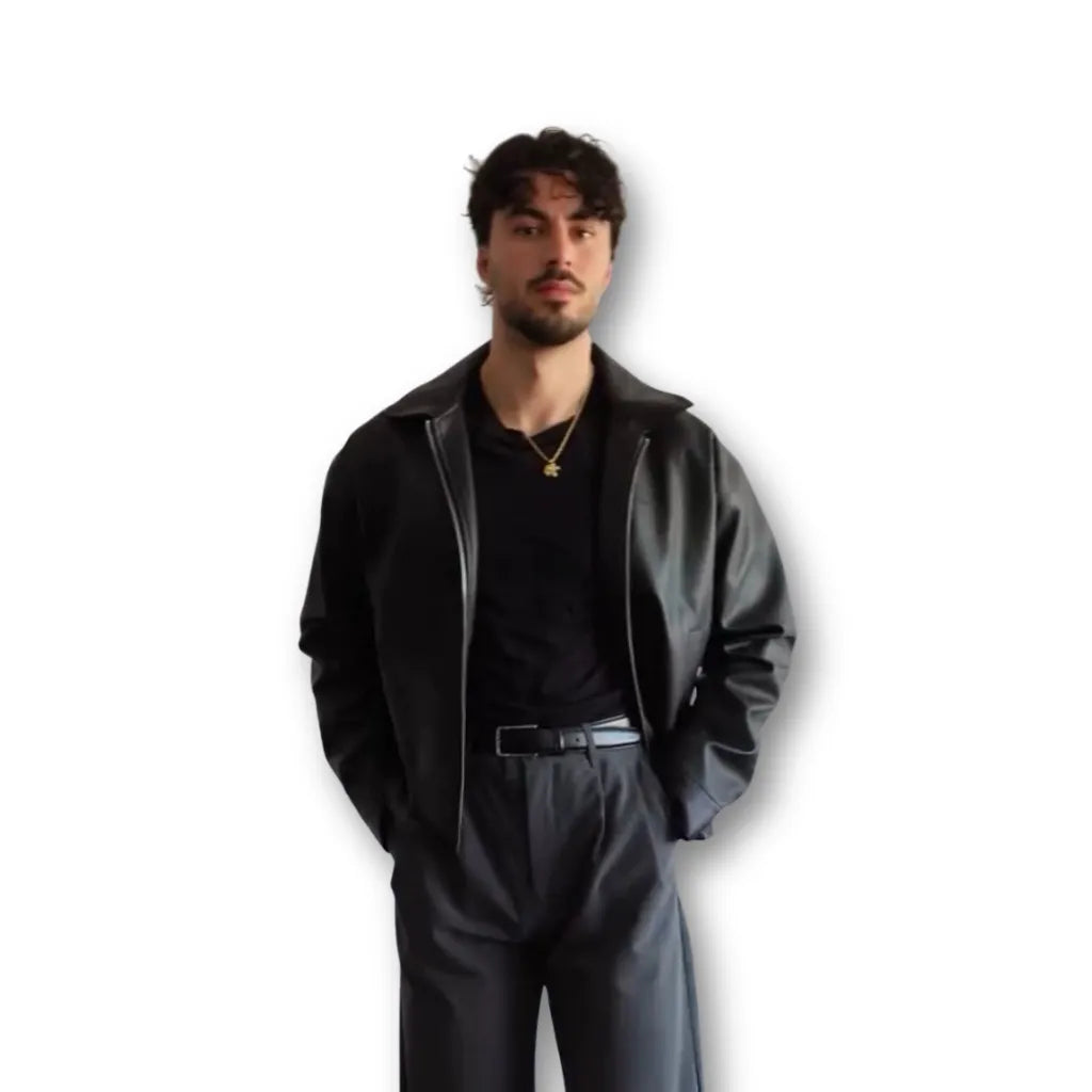 Oversized Classic Black Faux Leather Jacket – Zip Up