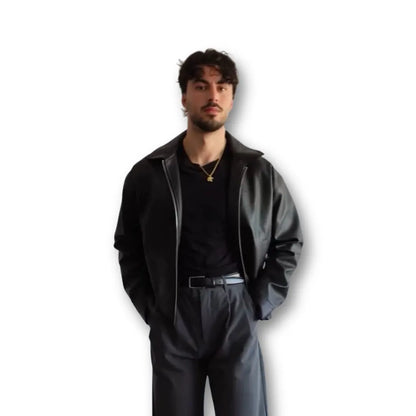 Oversized Classic Black Faux Leather Jacket – Zip Up