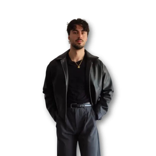 Oversized Classic Black Faux Leather Jacket – Zip Up