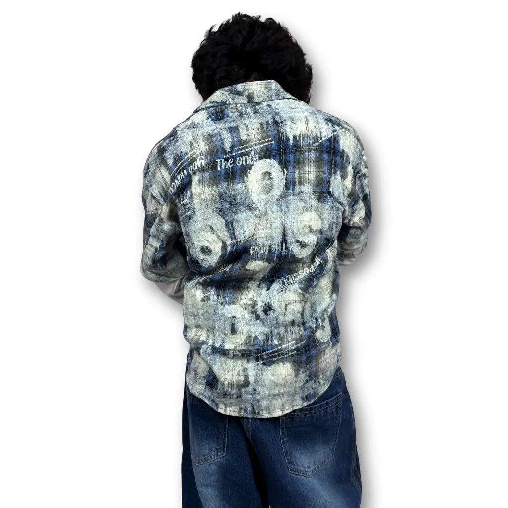 Oversized Doctor sleeve Washed Plaid Shirt  – Blue