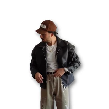 Oversized Classic Black Faux Leather Jacket – Zip Up