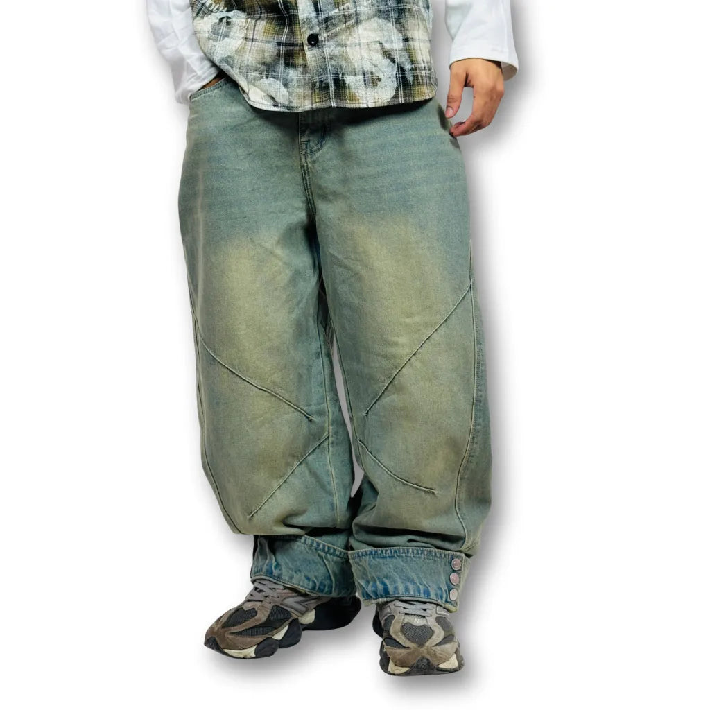 Oversized Buttoned Hem Distressed Denim Pants – Washed Green