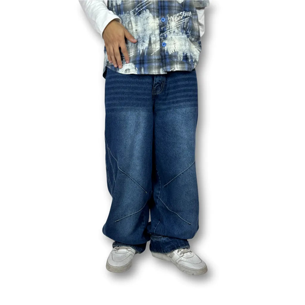 Oversized Buttoned Hem Classic Blue Denim Pants