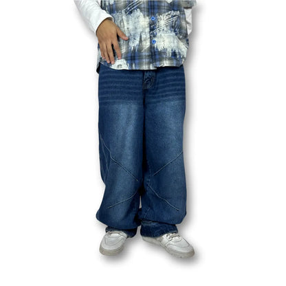 Oversized Buttoned Hem Classic Blue Denim Pants