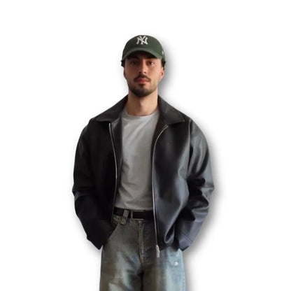 Oversized Classic Black Faux Leather Jacket – Zip Up