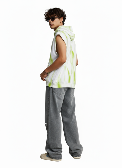 Sleeveless Hoodie – White with Green Tie-Dye Effect