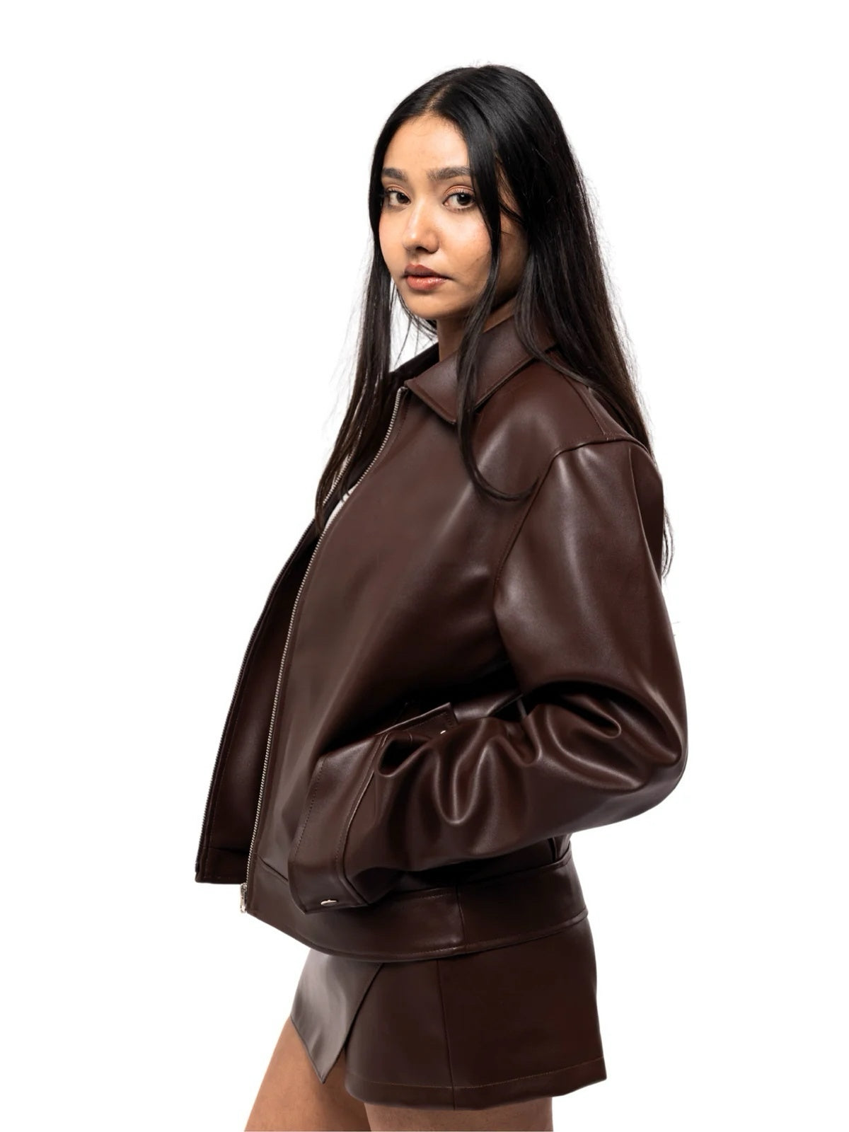 Oversized Classic Faux Leather Jacket – Dark Brown