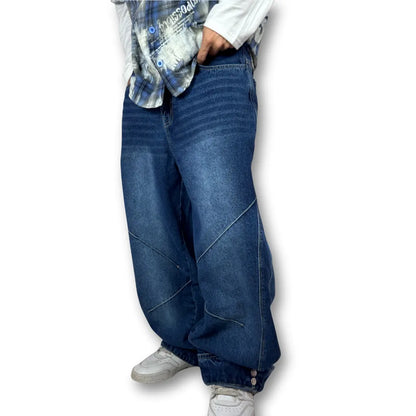 Oversized Buttoned Hem Classic Blue Denim Pants