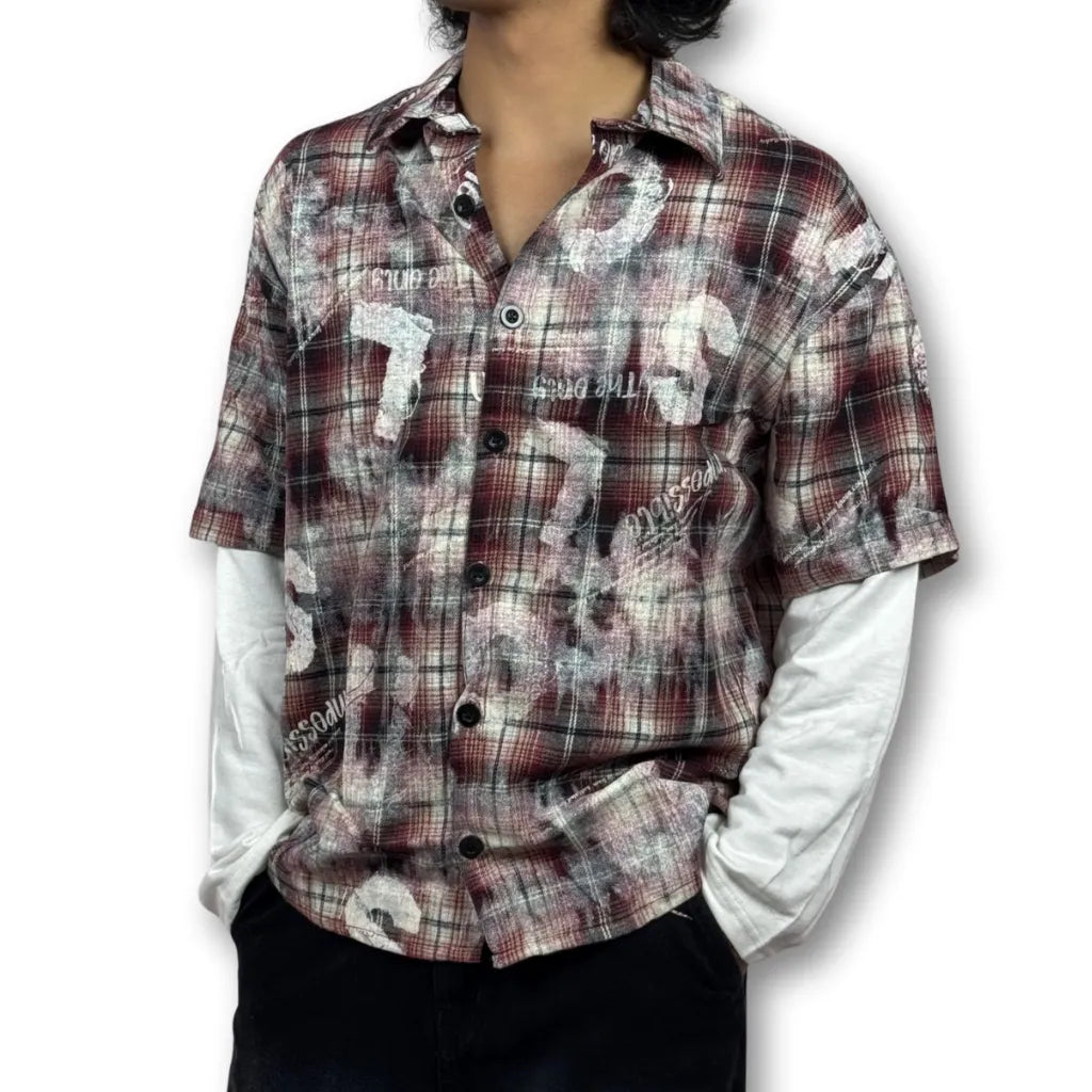 Oversized Doctor Sleeve Washed Plaid Shirt – Red