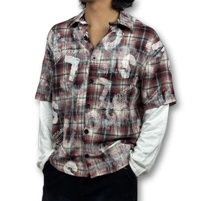 Oversized Doctor Sleeve Washed Plaid Shirt – Red