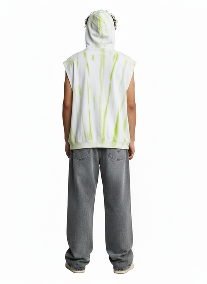 Sleeveless Hoodie – White with Green Tie-Dye Effect