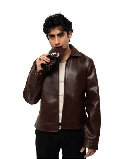 Oversized Classic Faux Leather Jacket – Dark Brown