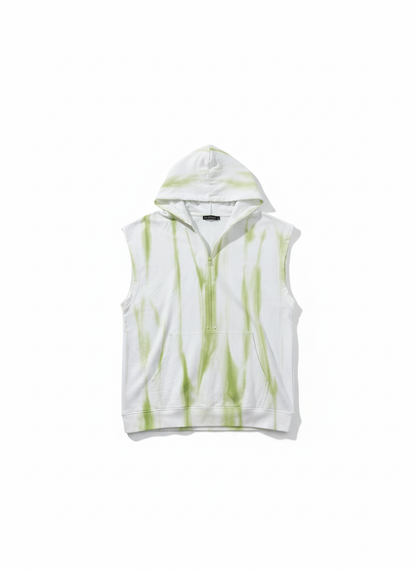 Sleeveless Hoodie – White with Green Tie-Dye Effect