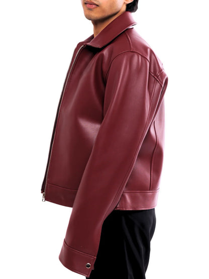 Oversized Classic Faux Leather Jacket – Cherry Red