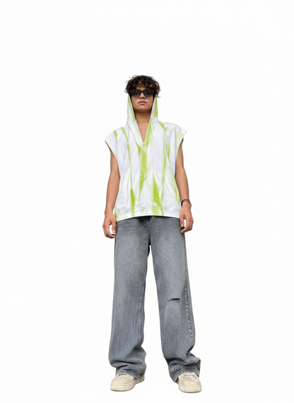 Sleeveless Hoodie – White with Green Tie-Dye Effect