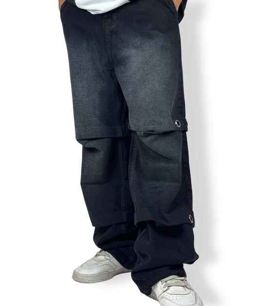 Oversized Double Layer Snap Button Denim-black