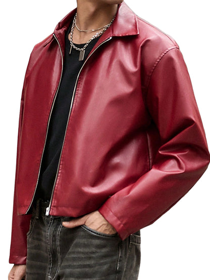 Oversized Classic Faux Leather Jacket – Cherry Red