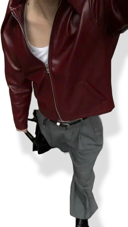 Oversized Classic Faux Leather Jacket – Cherry Red