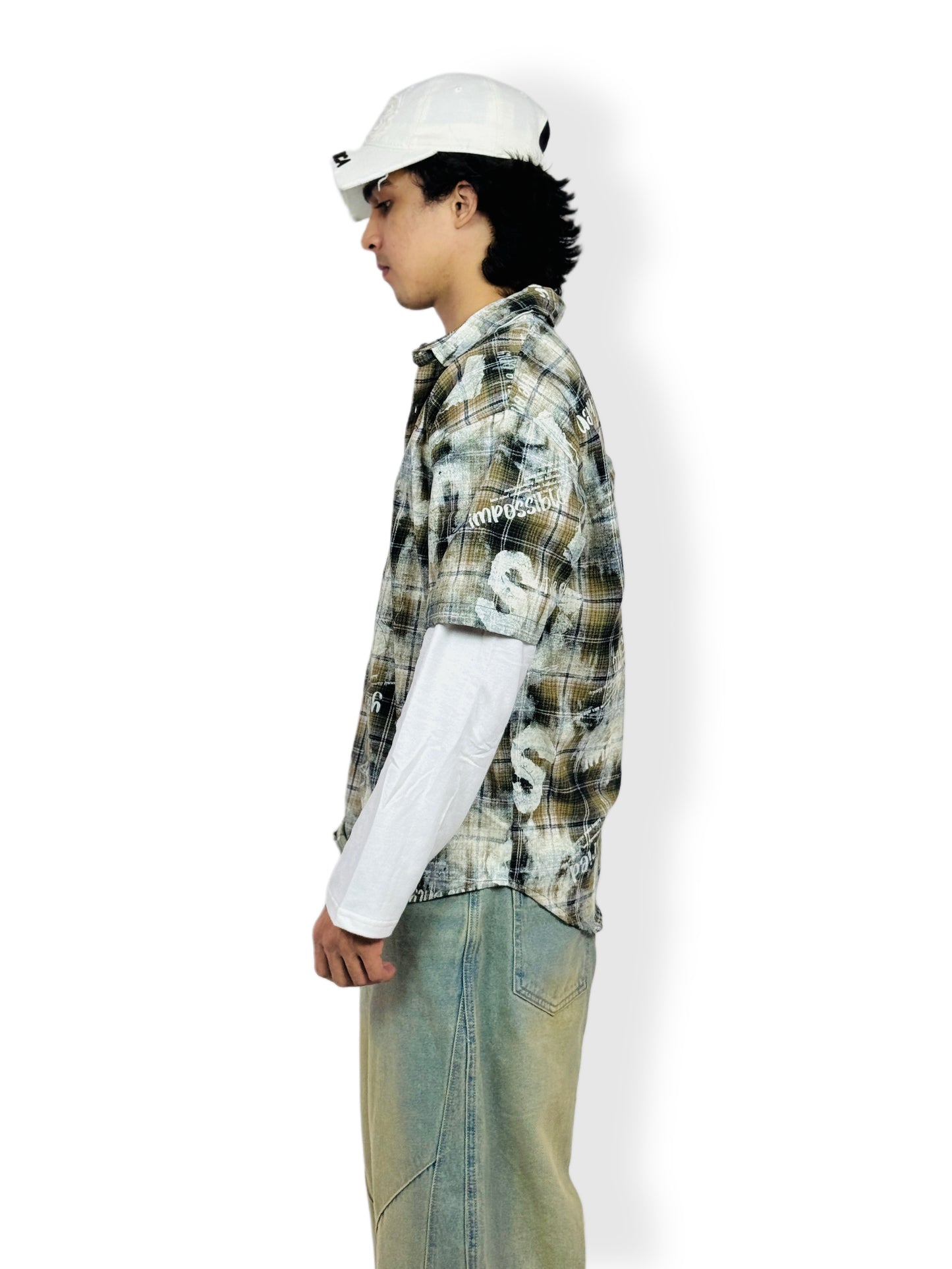 Oversized doctor Sleeve Plaid Printed -Shirt-green