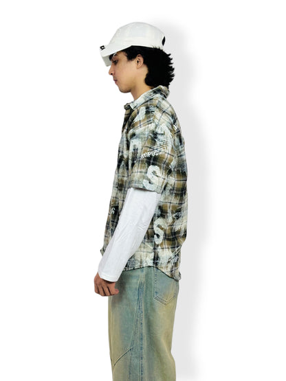 Oversized doctor Sleeve Plaid Printed -Shirt-green