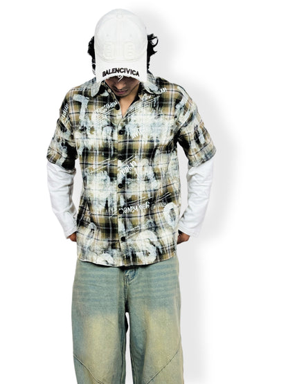 Oversized doctor Sleeve Plaid Printed -Shirt-green