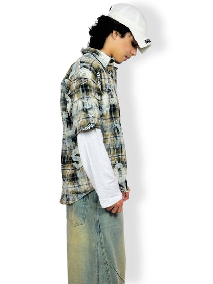 Oversized doctor Sleeve Plaid Printed -Shirt-green