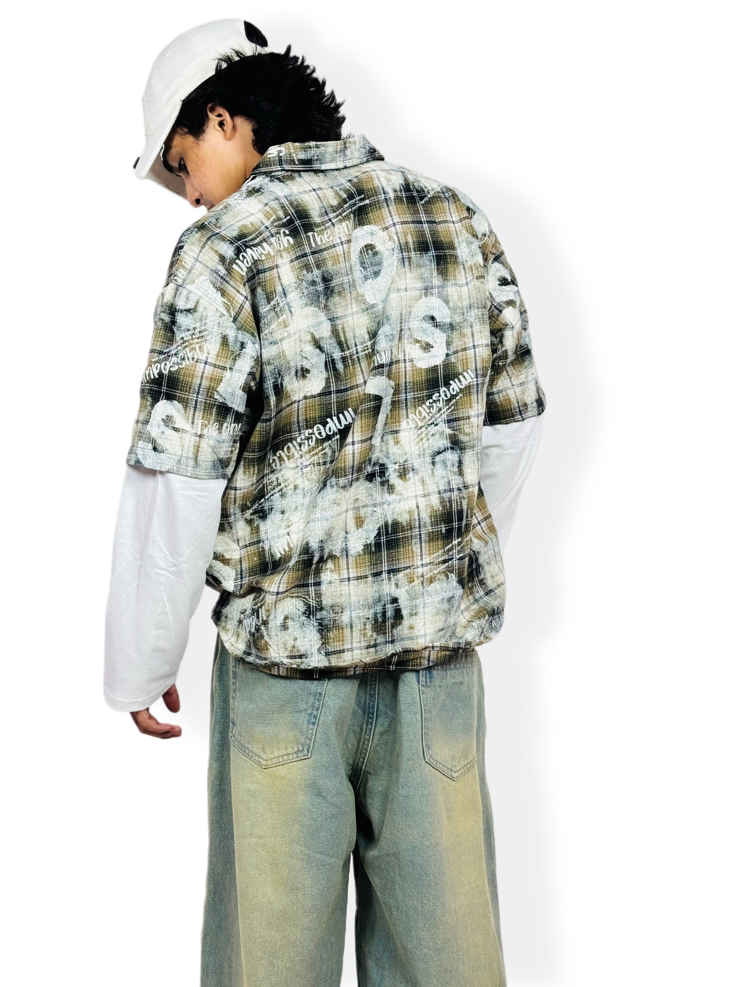 Oversized doctor Sleeve Plaid Printed -Shirt-green