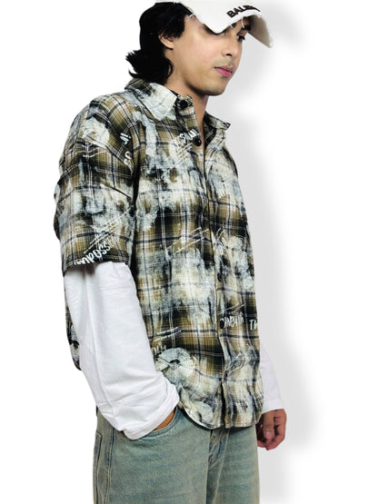 Oversized doctor Sleeve Plaid Printed -Shirt-green