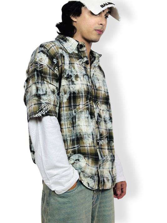 Oversized doctor Sleeve Plaid Printed -Shirt-green