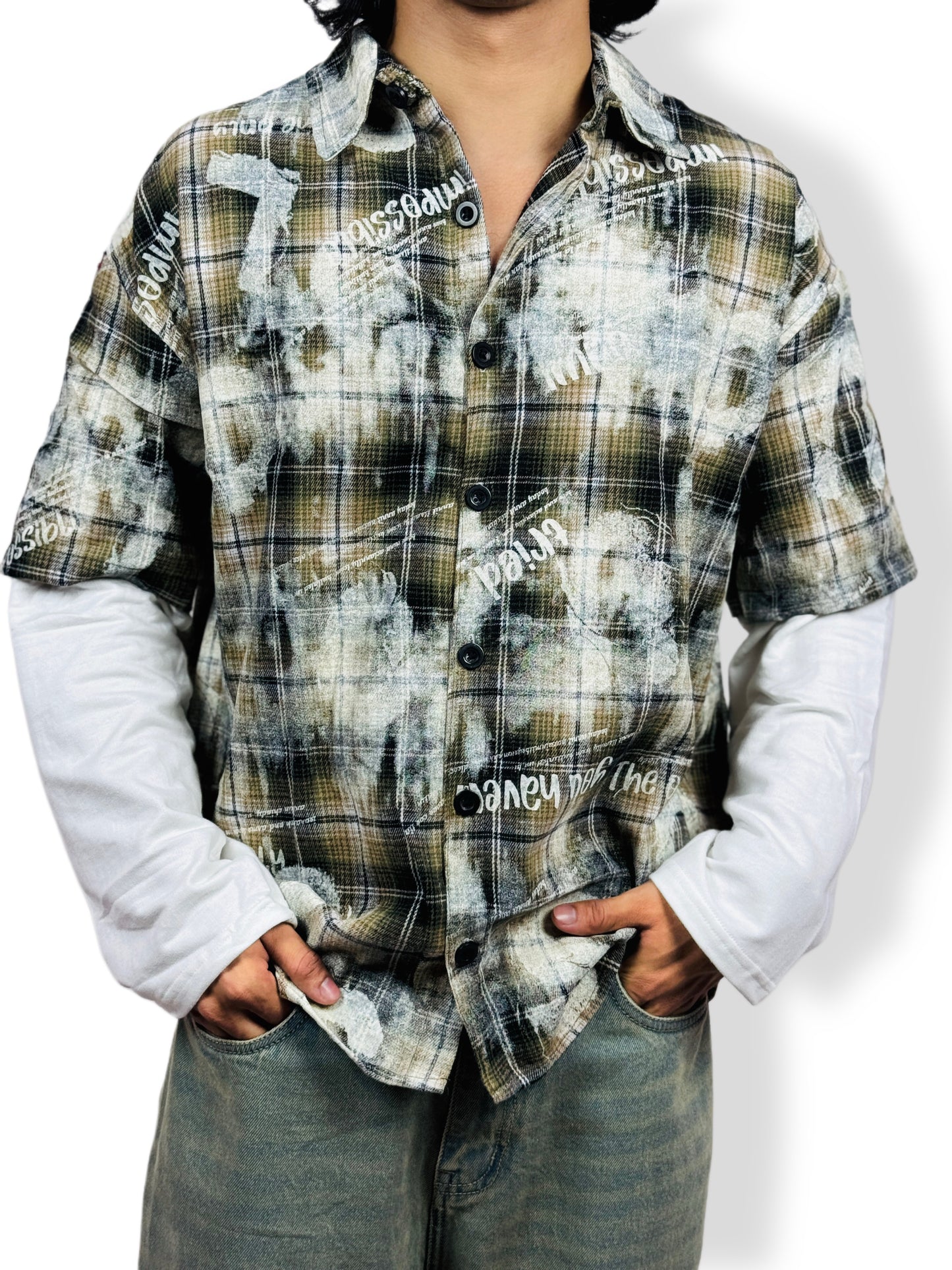 Oversized doctor Sleeve Plaid Printed -Shirt-green