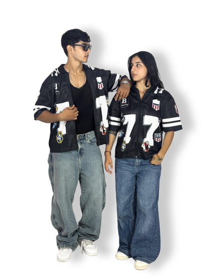 Black “77” Patchwork Zip-Up Mesh Jersey – Streetwear Edition