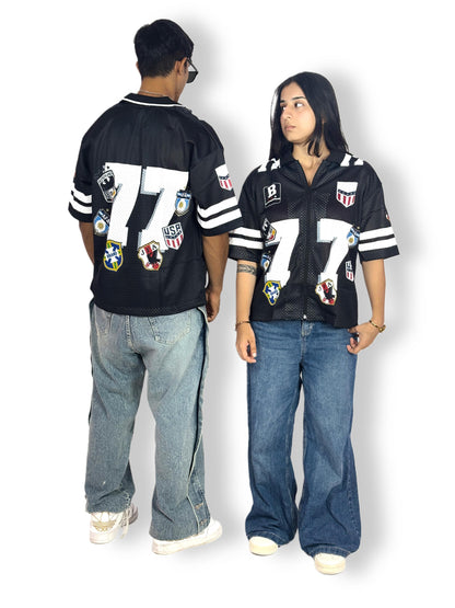 Black “77” Patchwork Zip-Up Mesh Jersey – Streetwear Edition